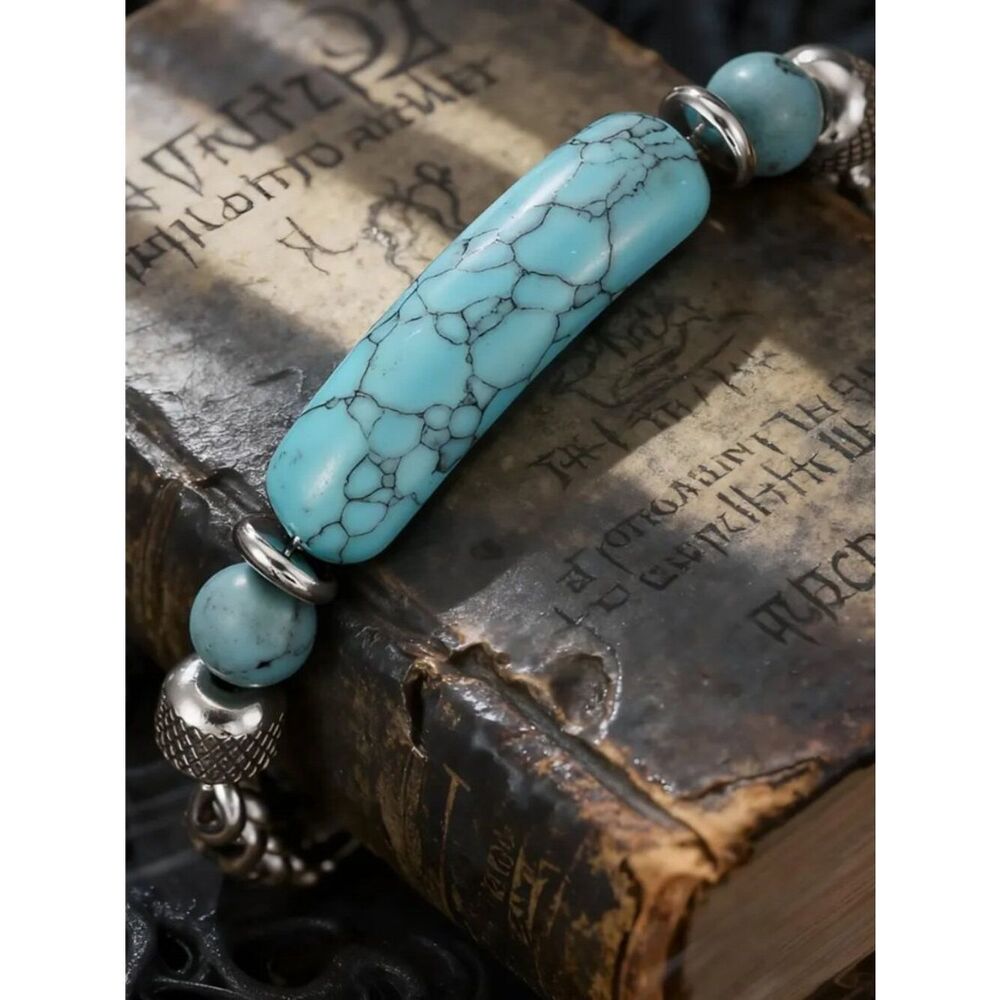 Boho Southwestern Turquoise & Stainless Steel Adjustable Bracelet